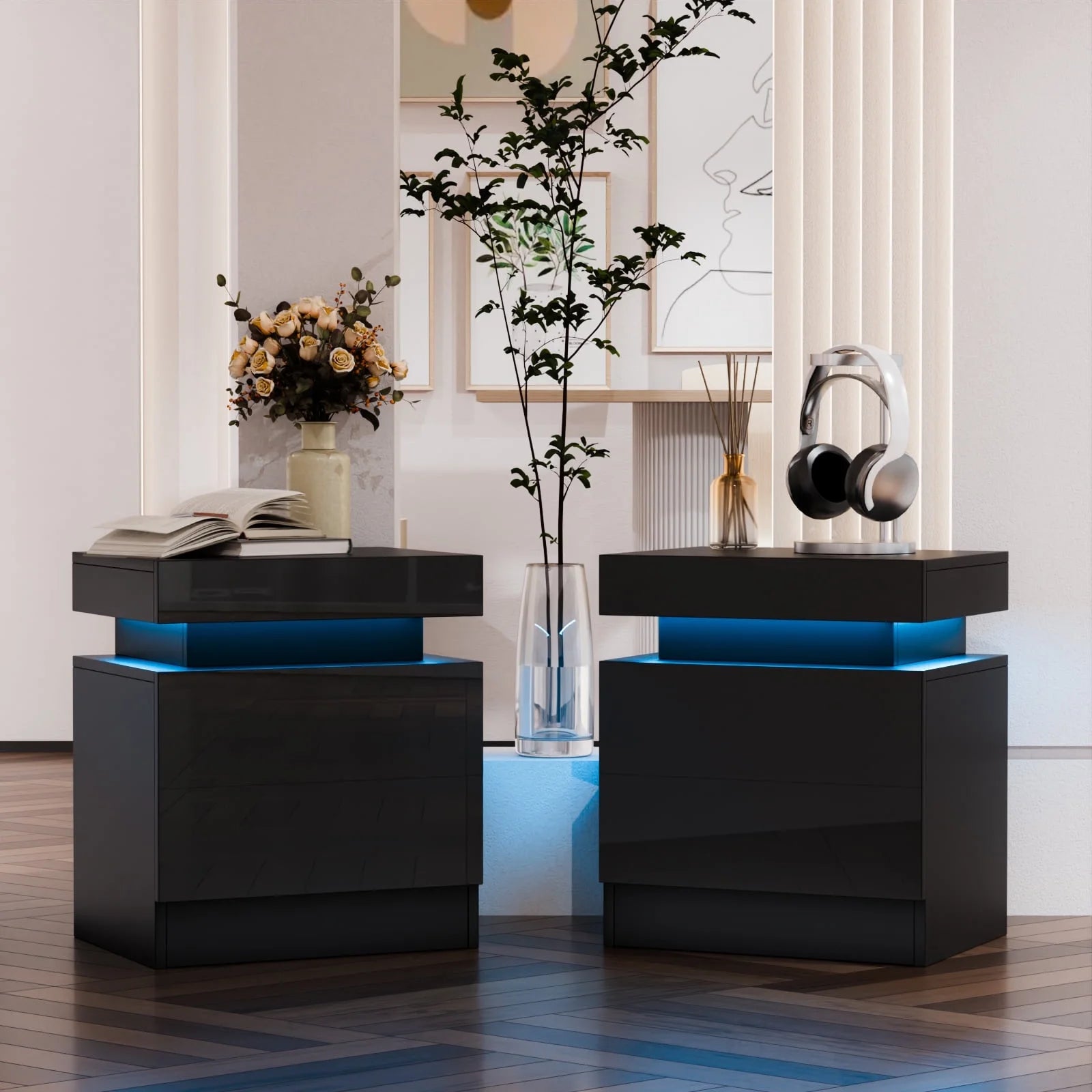 Modern LED Bedside Tables with 2 Drawers (Set of 2)