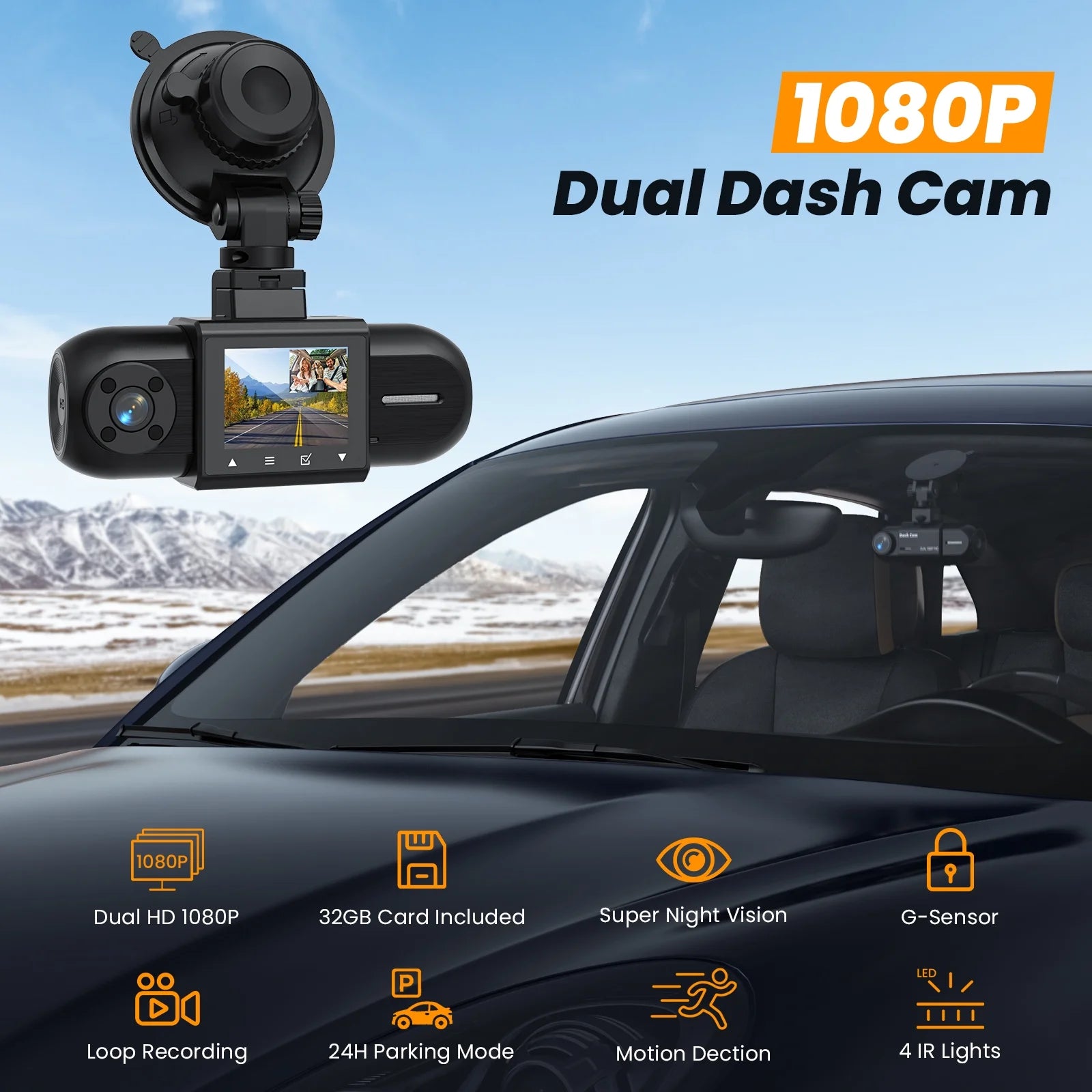 Dash Cam Front and Inside, 1080P FHD Car Camera with Rear IR Night Vision, Accident Lock, 24H Park Mode, G-Sensor, Included 32GB Card