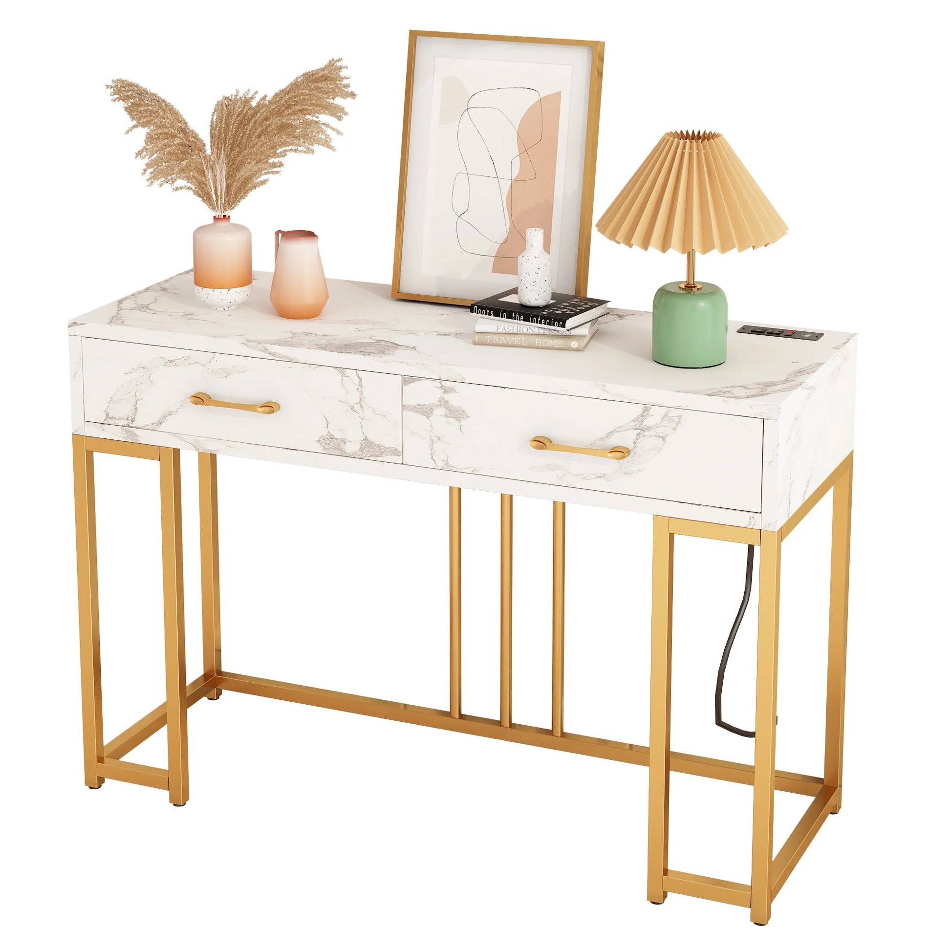 Modern Console Table with Drawers, Outlets & USB (Gold/White)