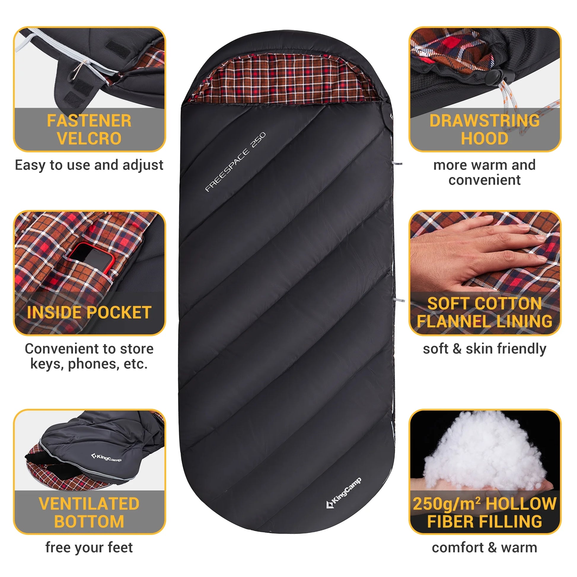 XL Camping Sleeping Bags 3 Seasons Oversized Lightweight Cotton Flannel Sleeping Bag Black