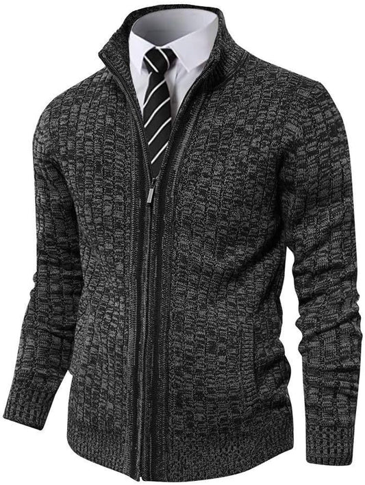 Men's Tailored Slim Fit Full-Zip Cardigan Sweater Featuring a Stand Collar and Dual Front Pockets.