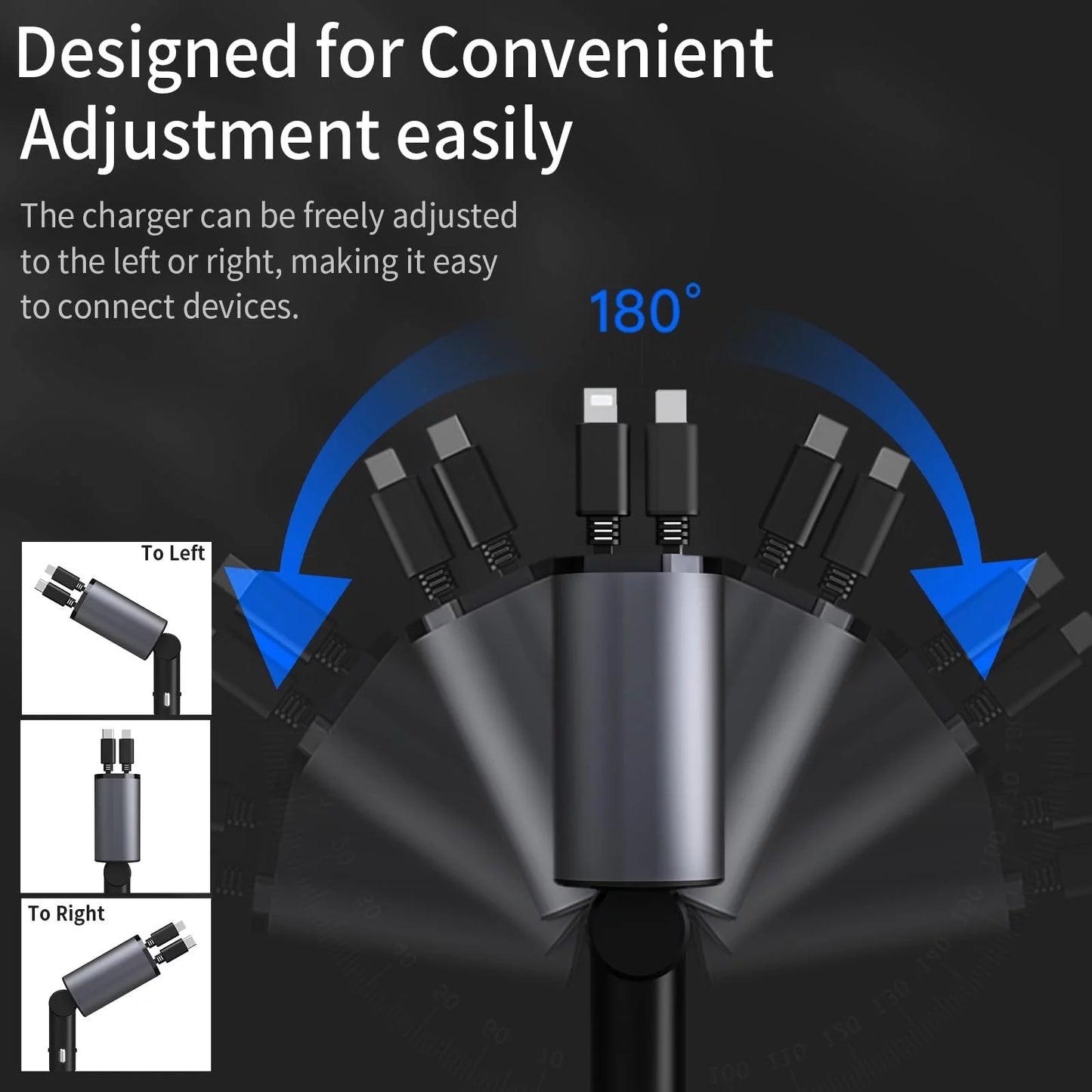 Fast Car Charger with Retractable Cables & Dual USB Ports