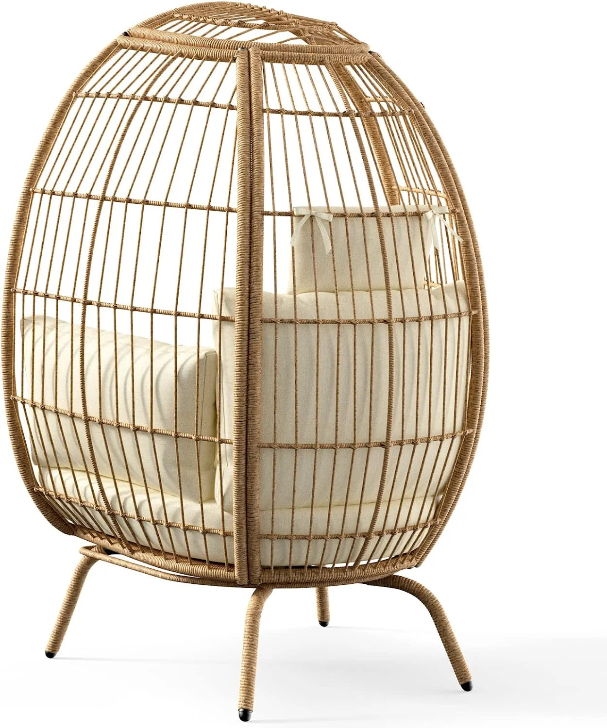 Oversized Wicker Egg Chair with Stand & Cushions (Beige)