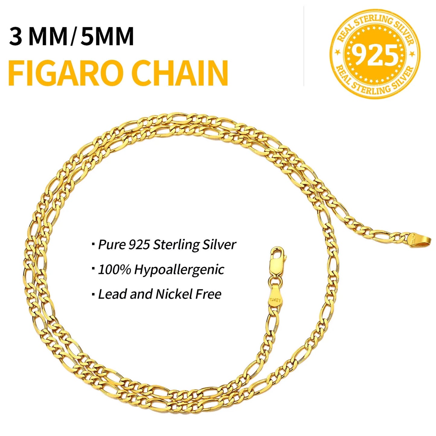 Mens Figaro Chain Necklace Link 14K Yellow Gold Italian Sterling Silver 20 Inch, 5MM