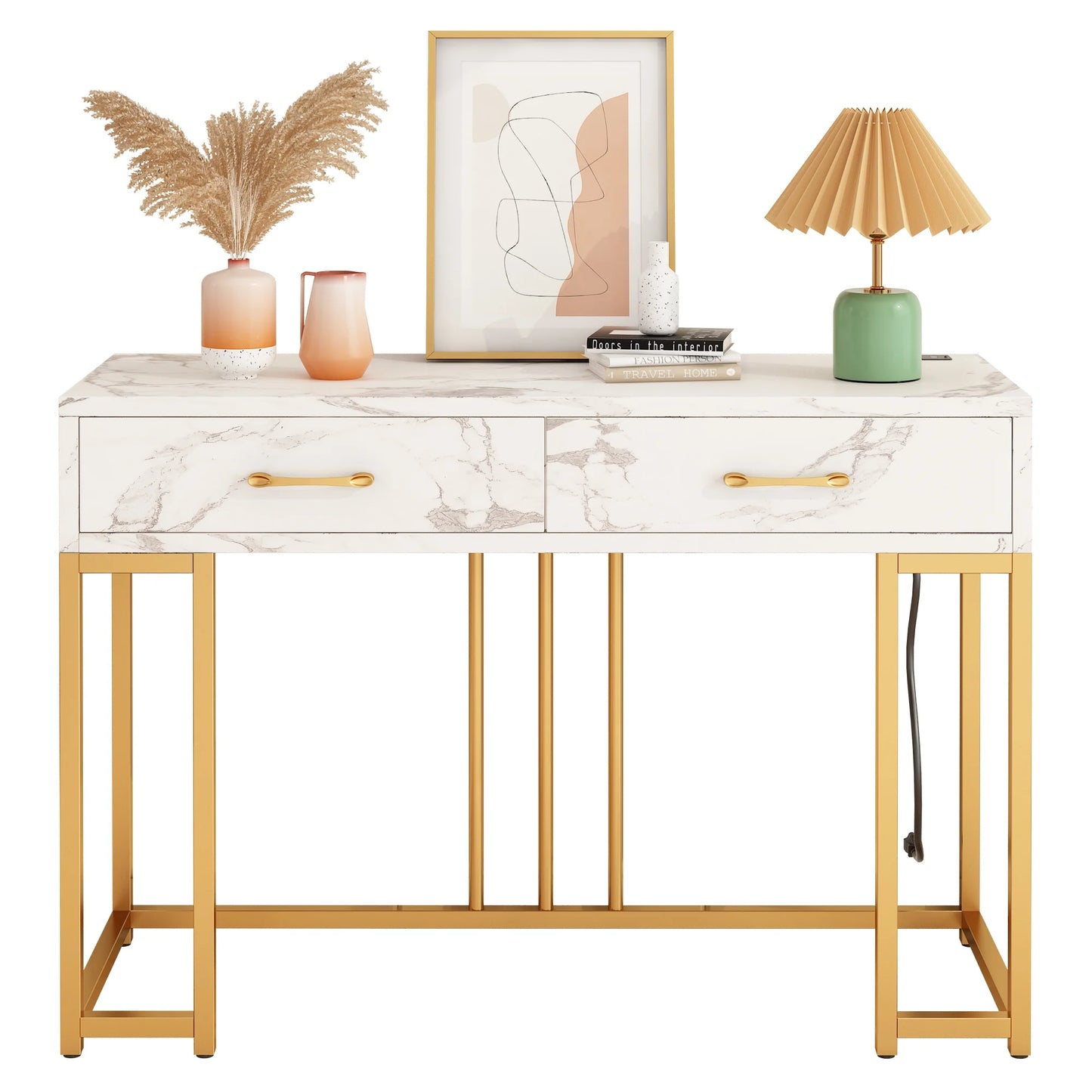 Modern Console Table with Drawers, Outlets & USB (Gold/White)