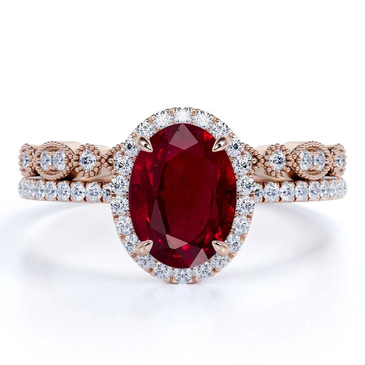 1.75 Carat Oval Burmese Lab Created Ruby Bridal Ring Set - Classic Ring Band - 18K Rose Gold over Silver