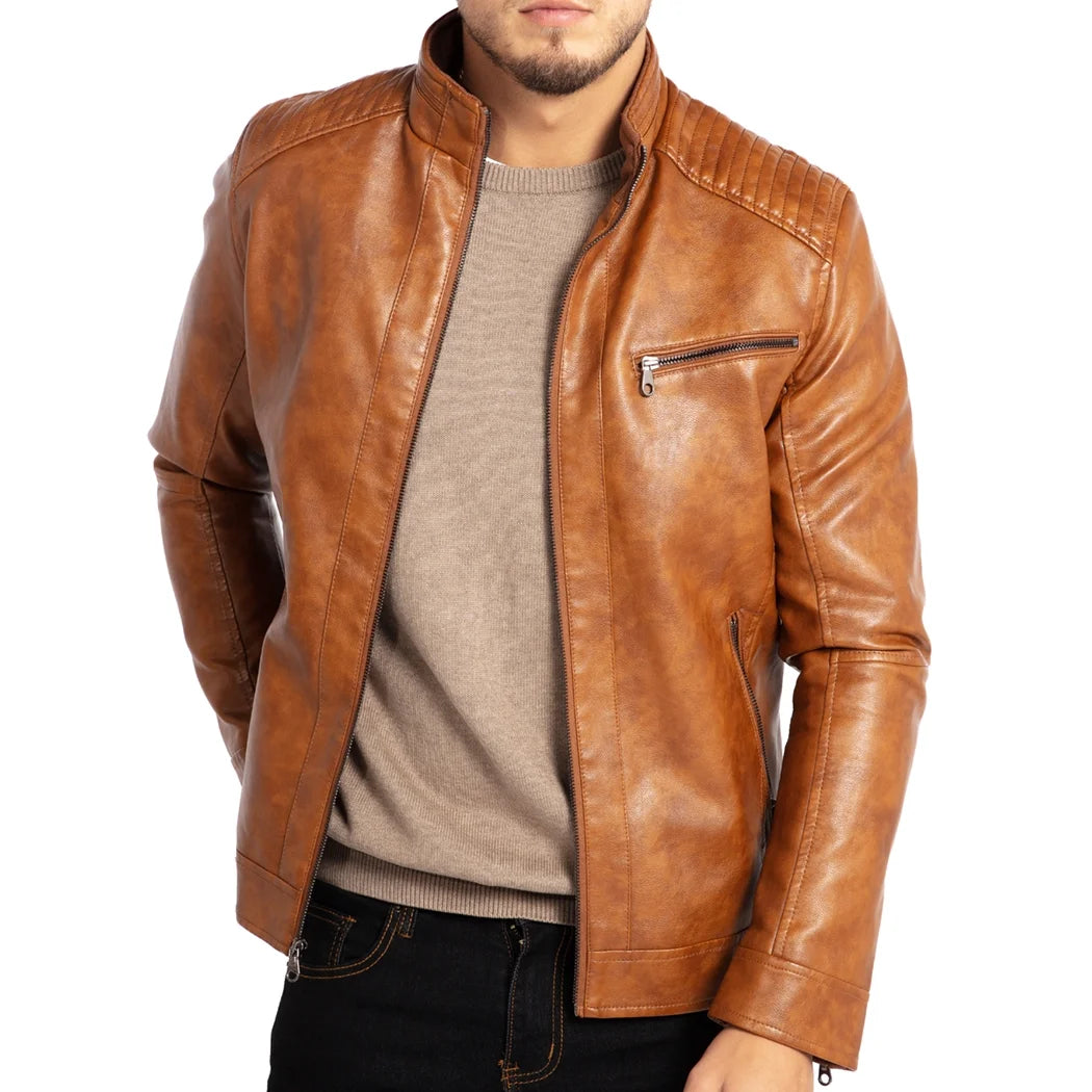 Men's Stand Collar Faux Leather Biker Jacket