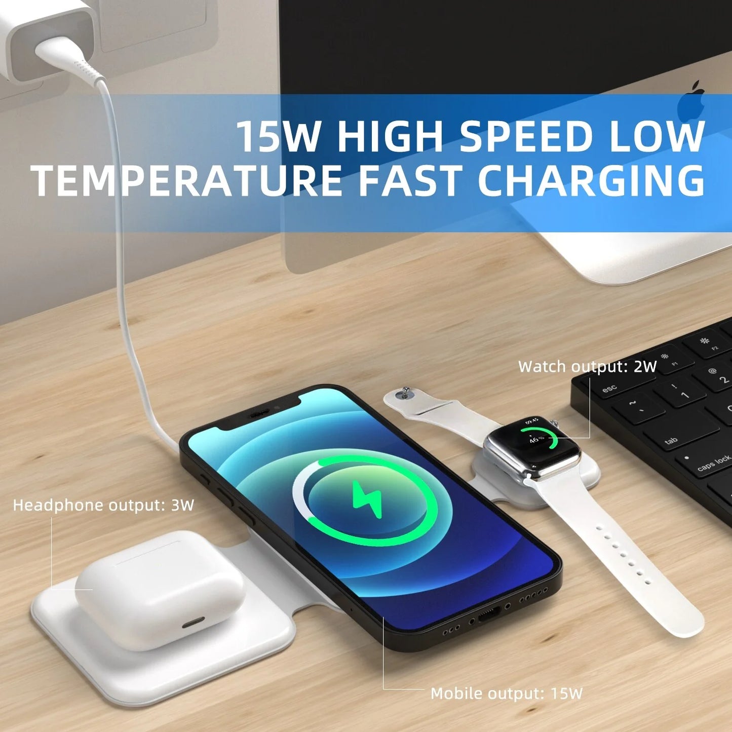 3-in-1 Wireless Charger: 15W Fast Charging