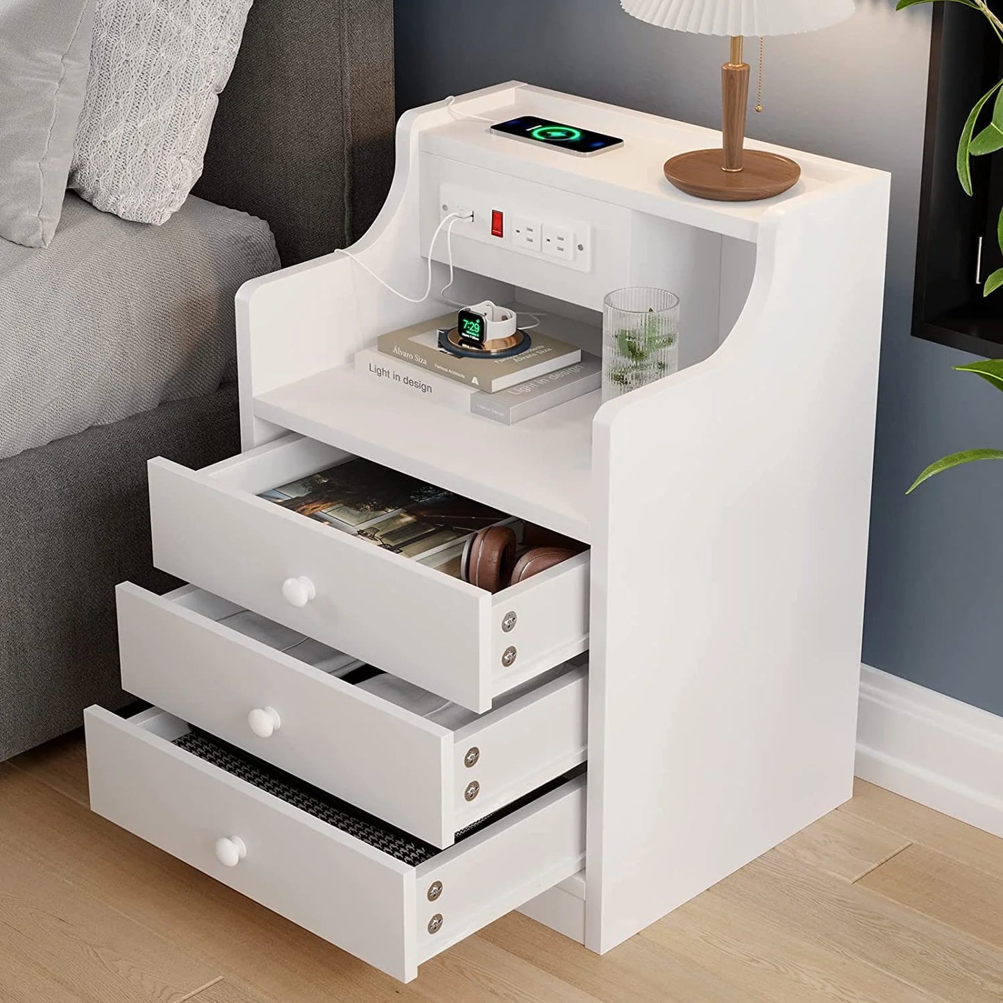 Nightstand with Charging Station and 3 Storage Drawers, White