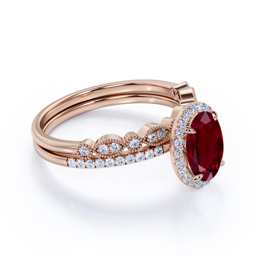 1.75 Carat Oval Burmese Lab Created Ruby Bridal Ring Set - Classic Ring Band - 18K Rose Gold over Silver