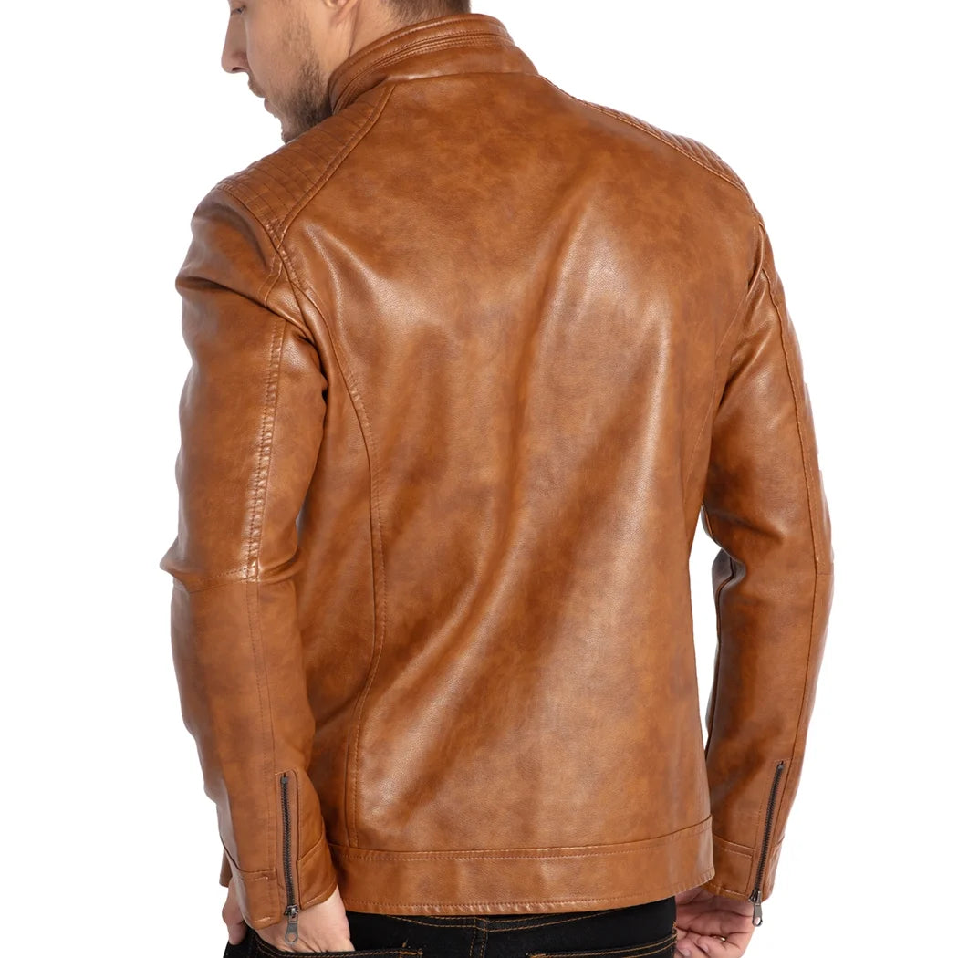 Men's Stand Collar Faux Leather Biker Jacket