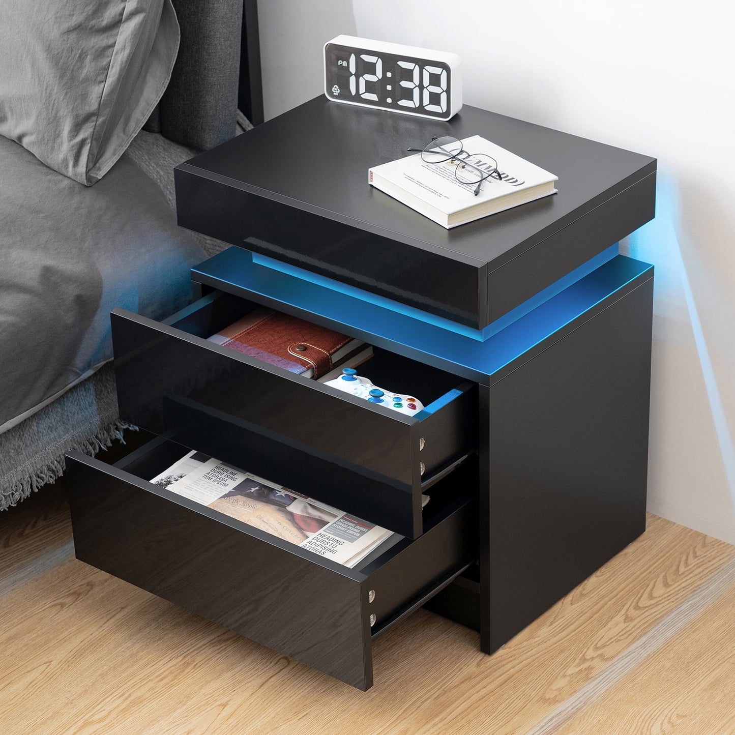 Modern LED Bedside Tables with 2 Drawers (Set of 2)