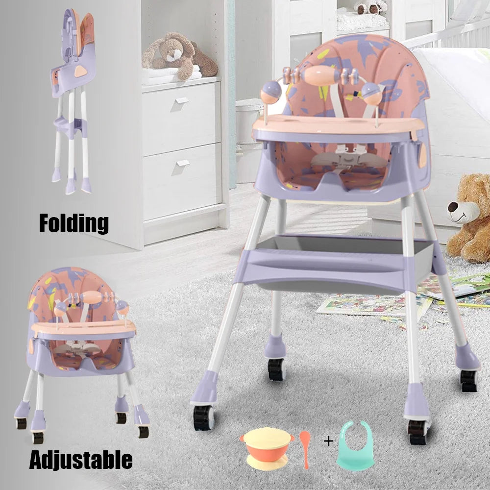 4-In-1 Baby High Chair Portable Toddler Baby Dining Chairs Eat & Play Convertible High Chair with Five-Point Snap Button, Dinner Plate and Toy Rack, Purple