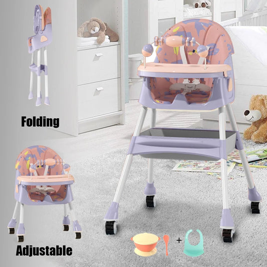 4-In-1 Baby High Chair Portable Toddler Baby Dining Chairs Eat & Play Convertible High Chair with Five-Point Snap Button, Dinner Plate and Toy Rack, Purple