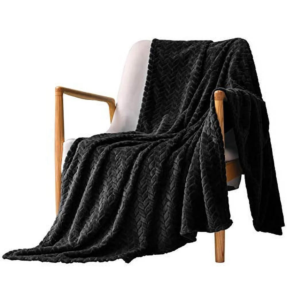 Large Flannel Fleece Throw Blanket, Jacquard Weave Leaves Pattern (50" X 70", Black)- Soft, Warm, Lightweight