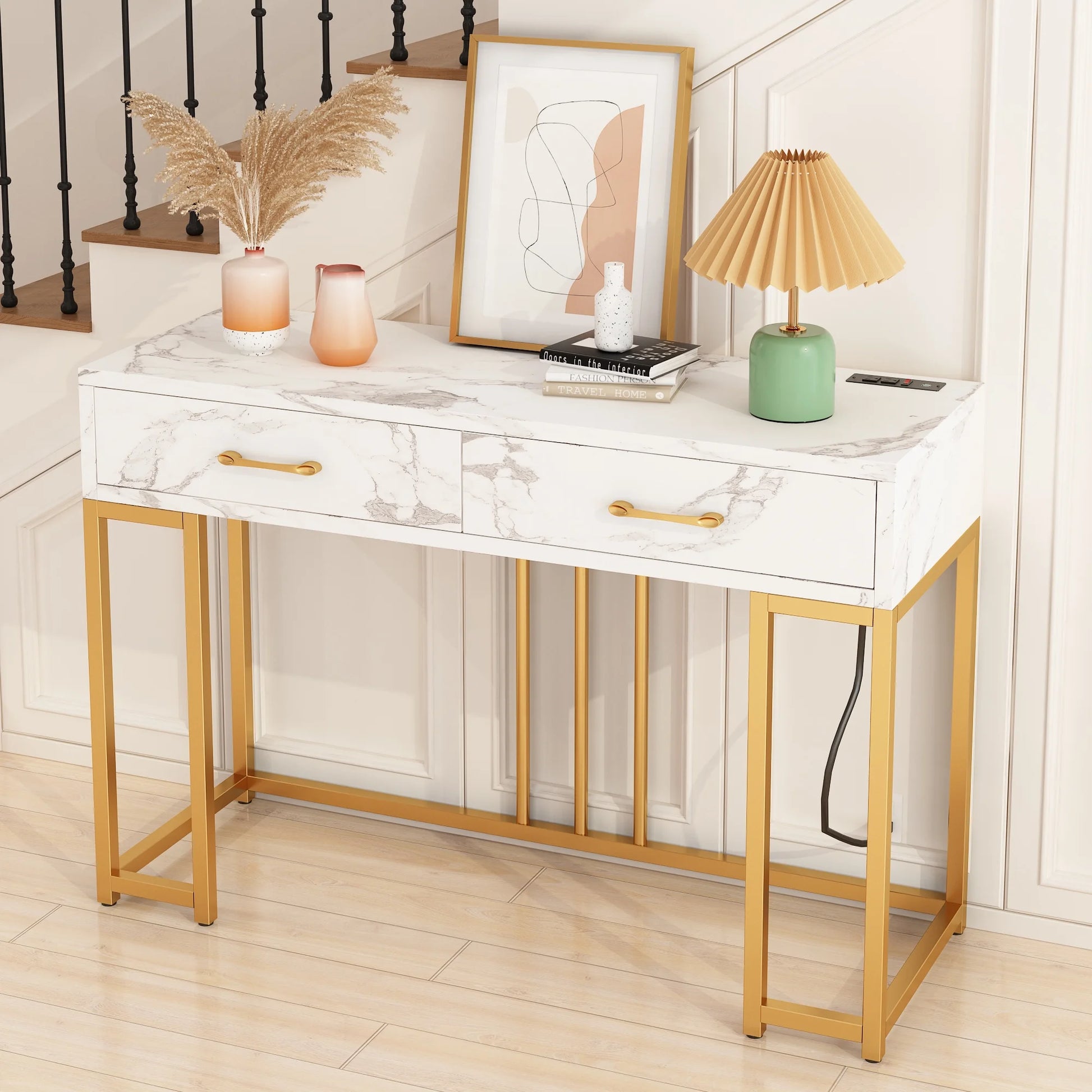 Modern Console Table with Drawers, Outlets & USB (Gold/White)