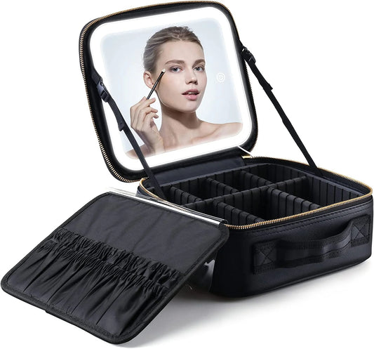 Travel Makeup Case with Lighted Mirror 3 Color Setting, Cosmetic Makeup Train Case with Adjustable Dividers Makeup Storage for Women, Makeup Accessories & Tools Case, Rechargeable,Waterproof