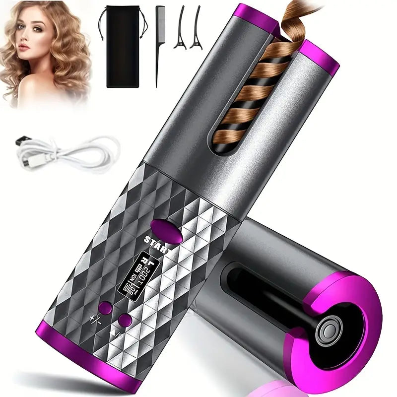 Portable Auto Curling Iron, USB Rechargeable, Rotating Barrel