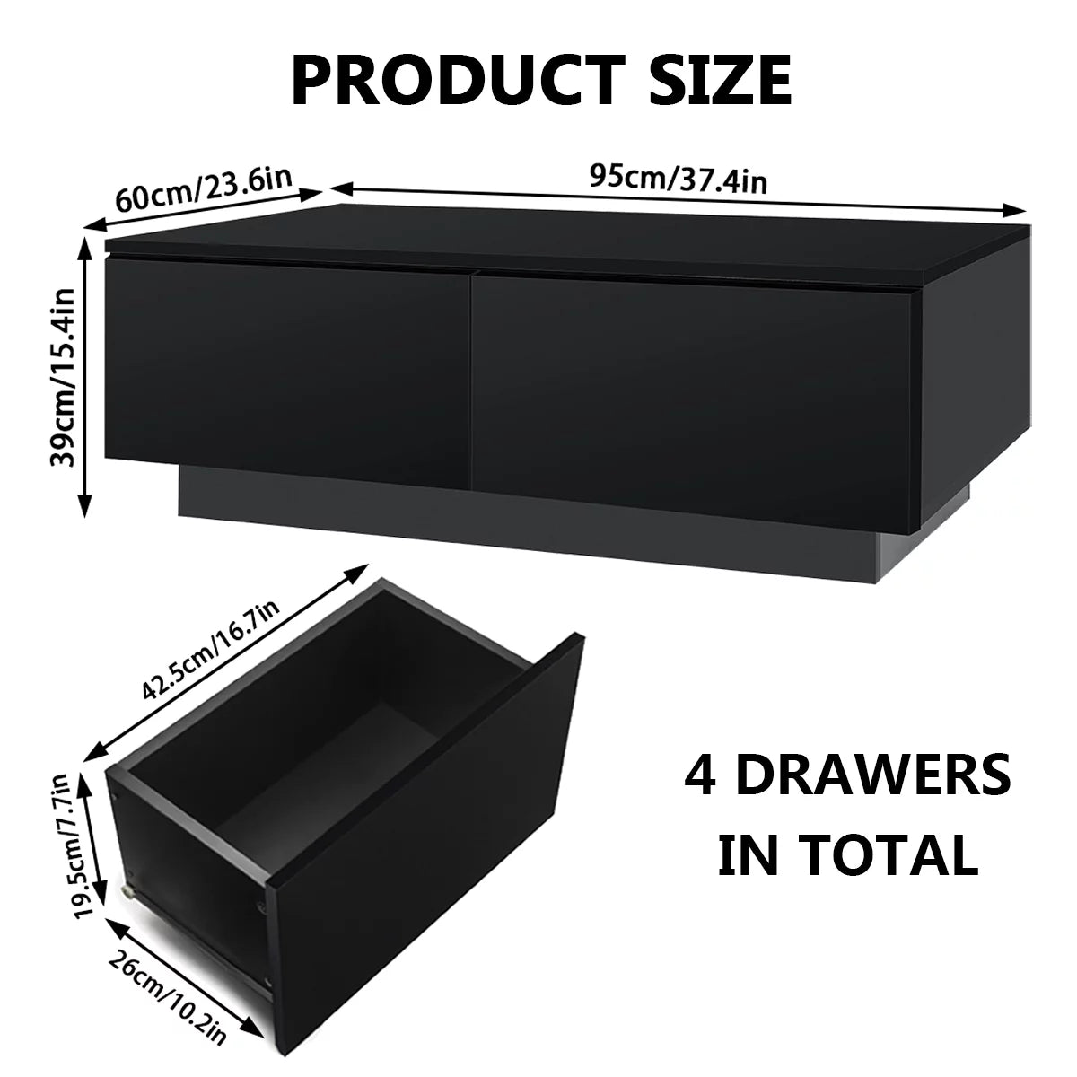 LED Coffee Table with 4 Drawers, High Gloss Black