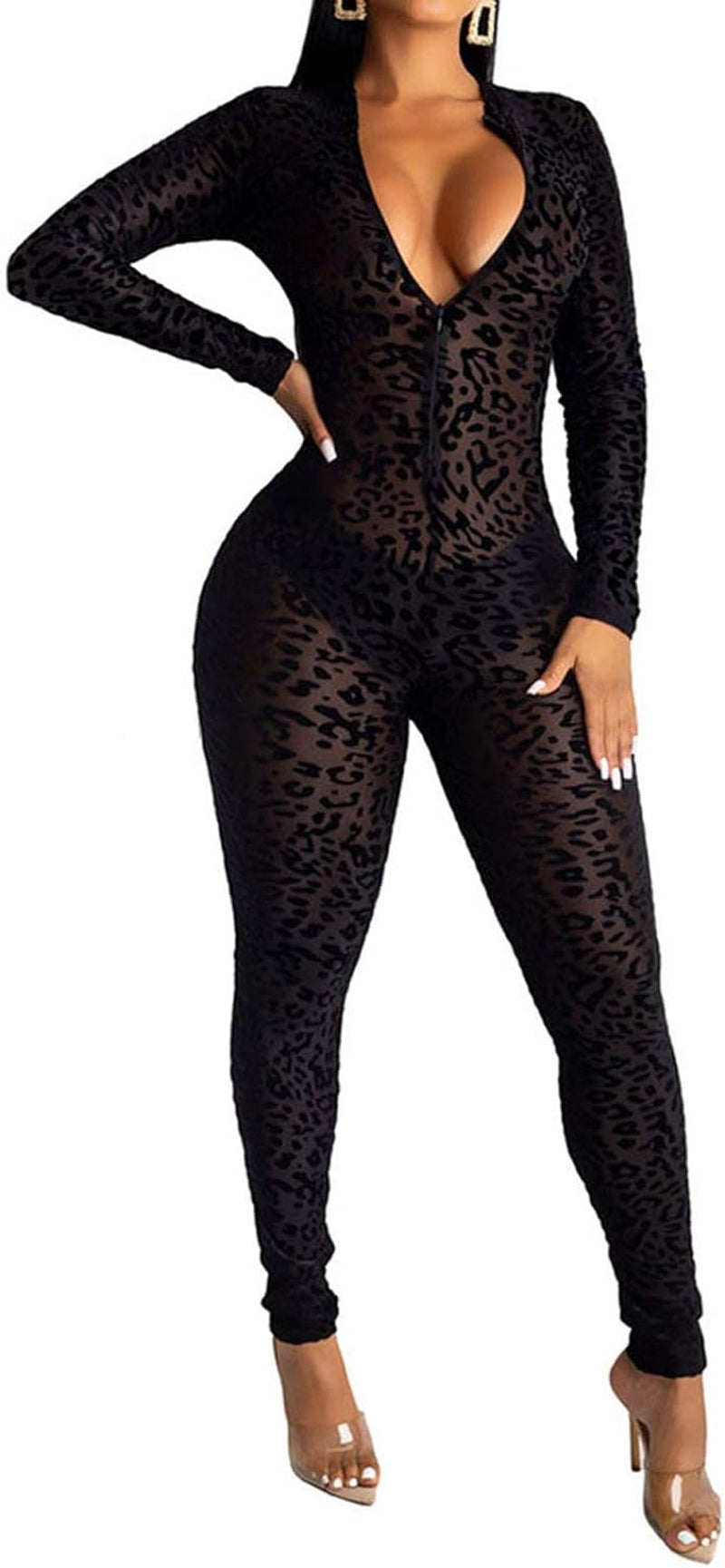 Sheer Mesh Jumpsuit: Leopard Print