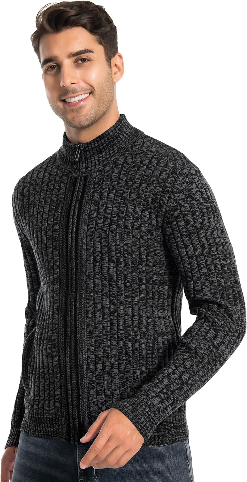 Men's Tailored Slim Fit Full-Zip Cardigan Sweater Featuring a Stand Collar and Dual Front Pockets.