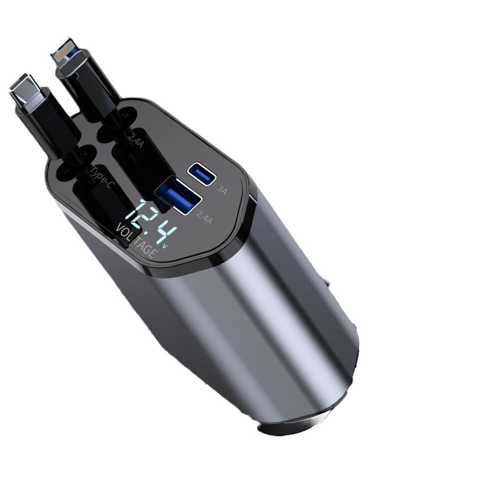 Fast Car Charger with Retractable Cables & Dual USB Ports