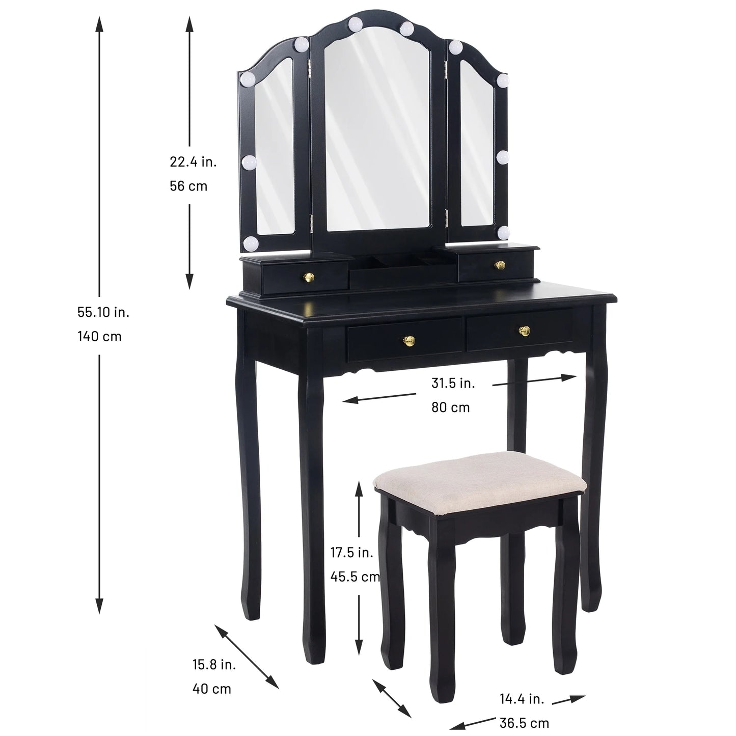 Tri-Fold Makeup Vanity with Lights, Mirror & Stool (Black)