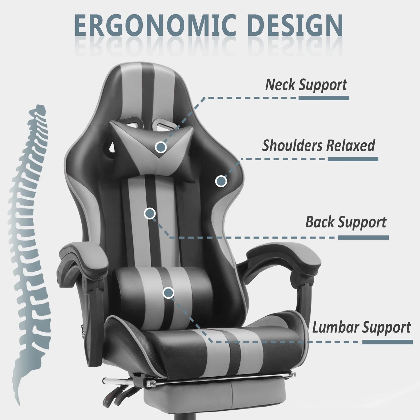 Leather Gaming Chair with Massage, Footrest & Lumbar Pillow