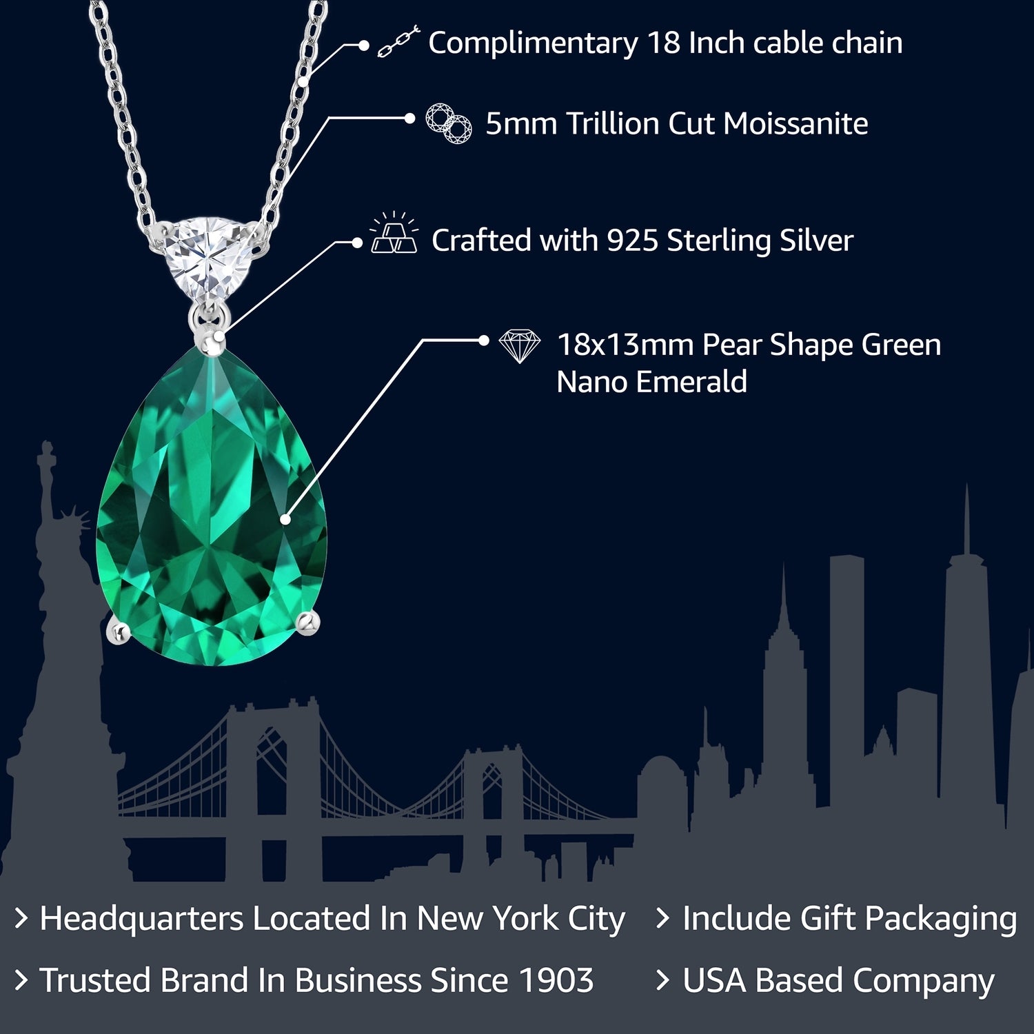 925 Sterling Silver Nano Emerald and White Moissanite Pendant Necklace for Women | Pear Shape 18X13MM | 9.72 Cttw | with 18 Inch Chain