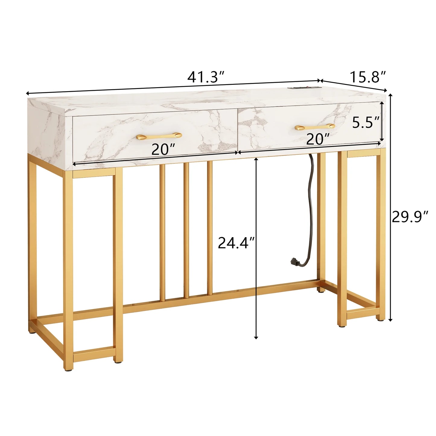 Modern Console Table with Drawers, Outlets & USB (Gold/White)