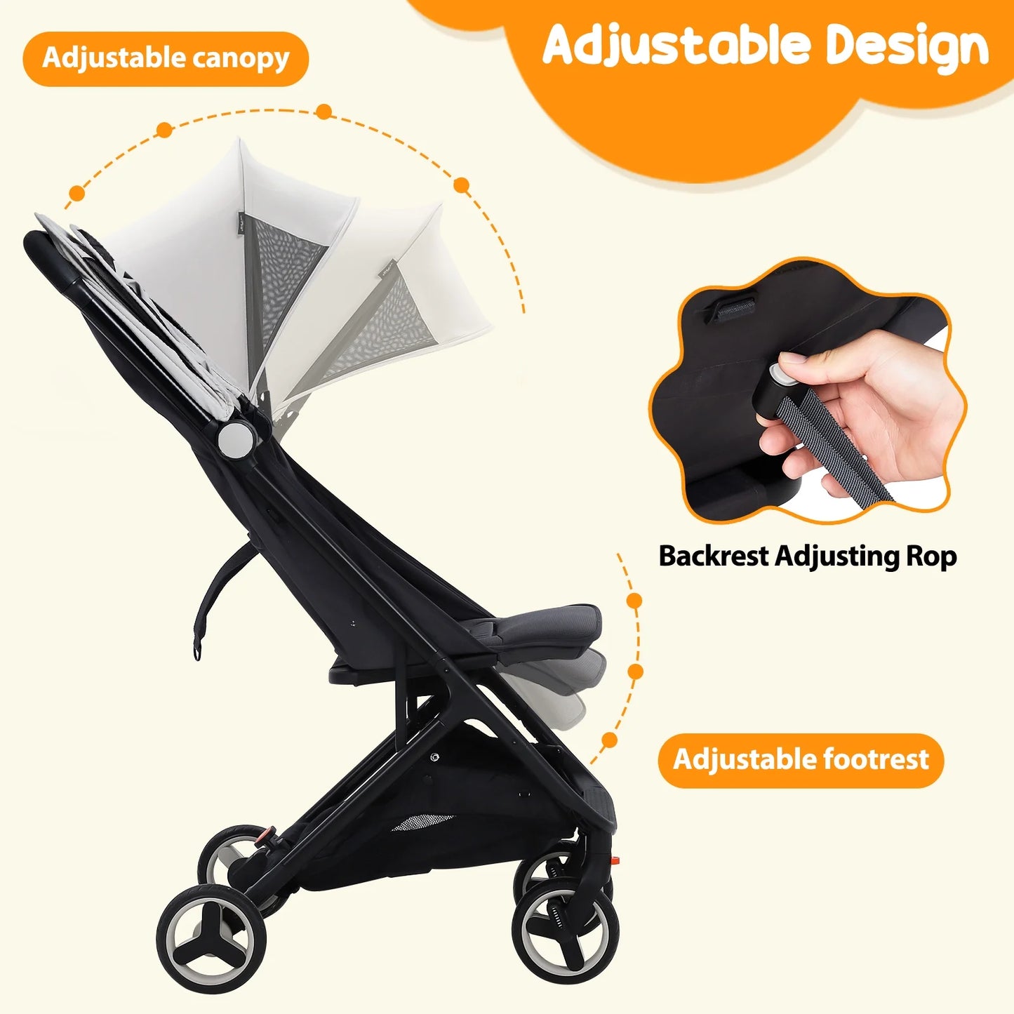 Lightweight Travel Stroller, One-Hand Fold, Reclining Seat