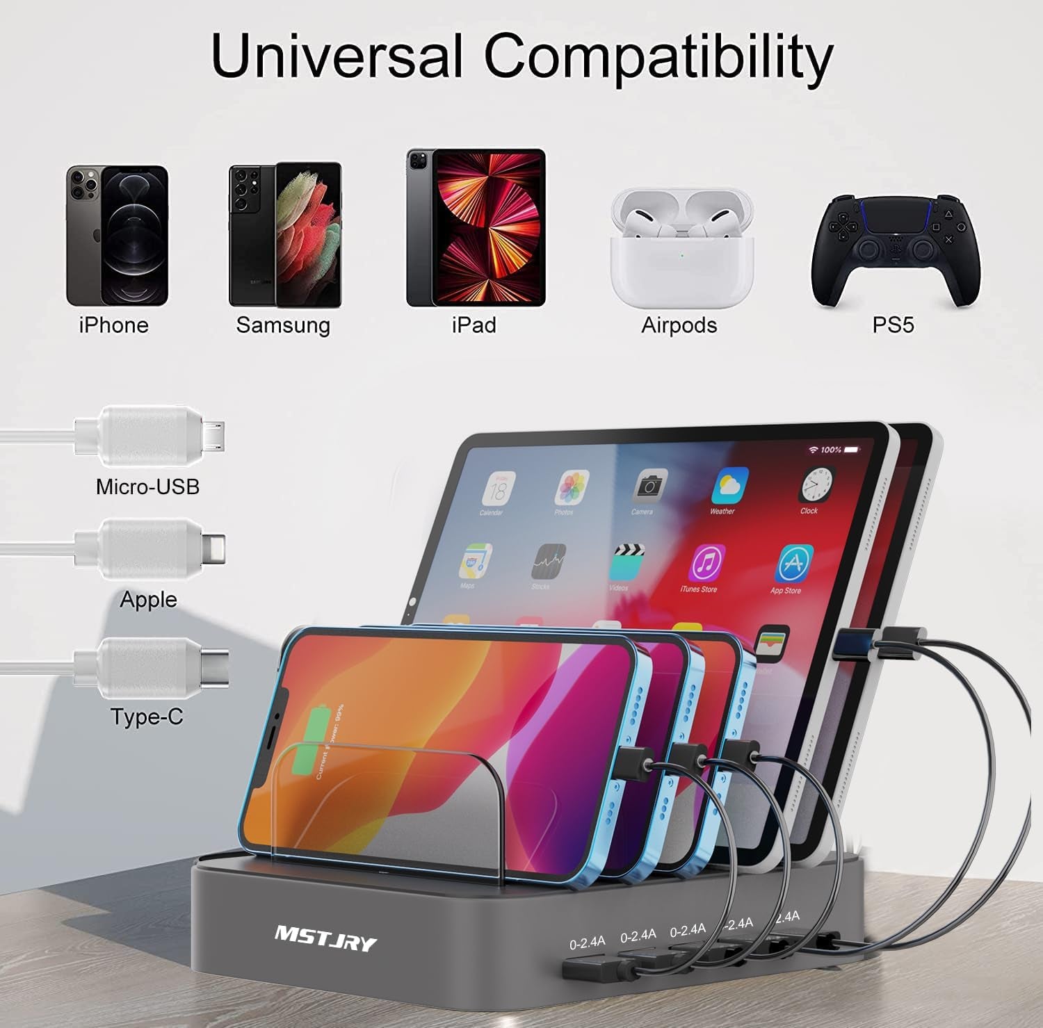 Multi-Device Charger: 5 Ports, 7 Cables