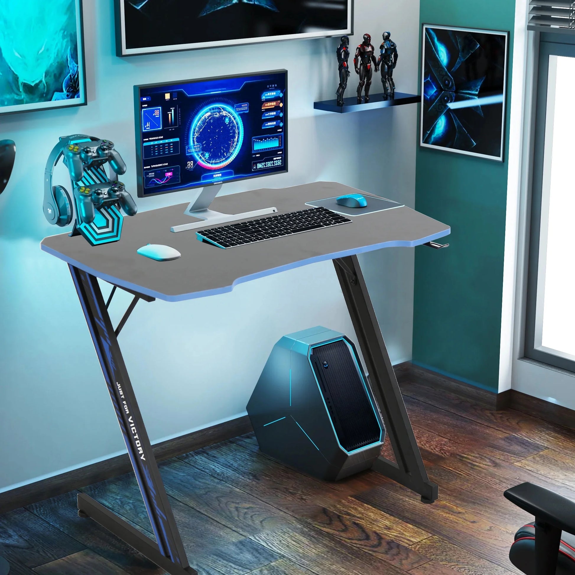 39" Z-Shaped Gaming Desk with Headphone Hook (Blue)