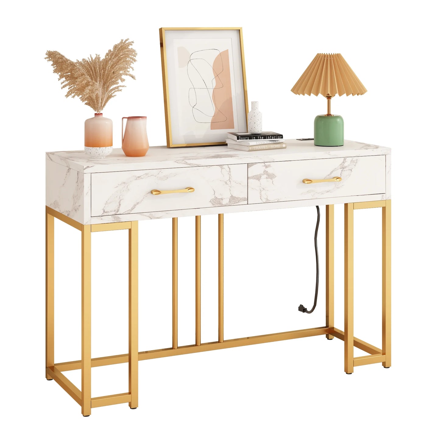 Modern Console Table with Drawers, Outlets & USB (Gold/White)