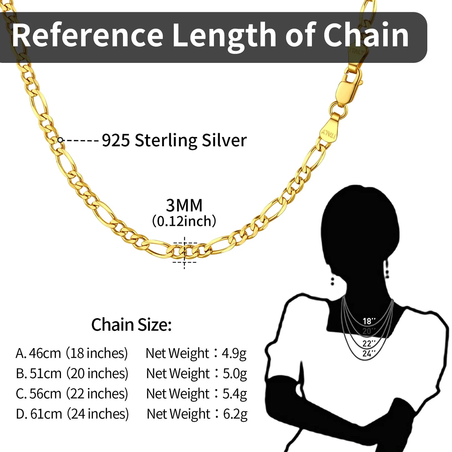 Mens Figaro Chain Necklace Link 14K Yellow Gold Italian Sterling Silver 20 Inch, 5MM