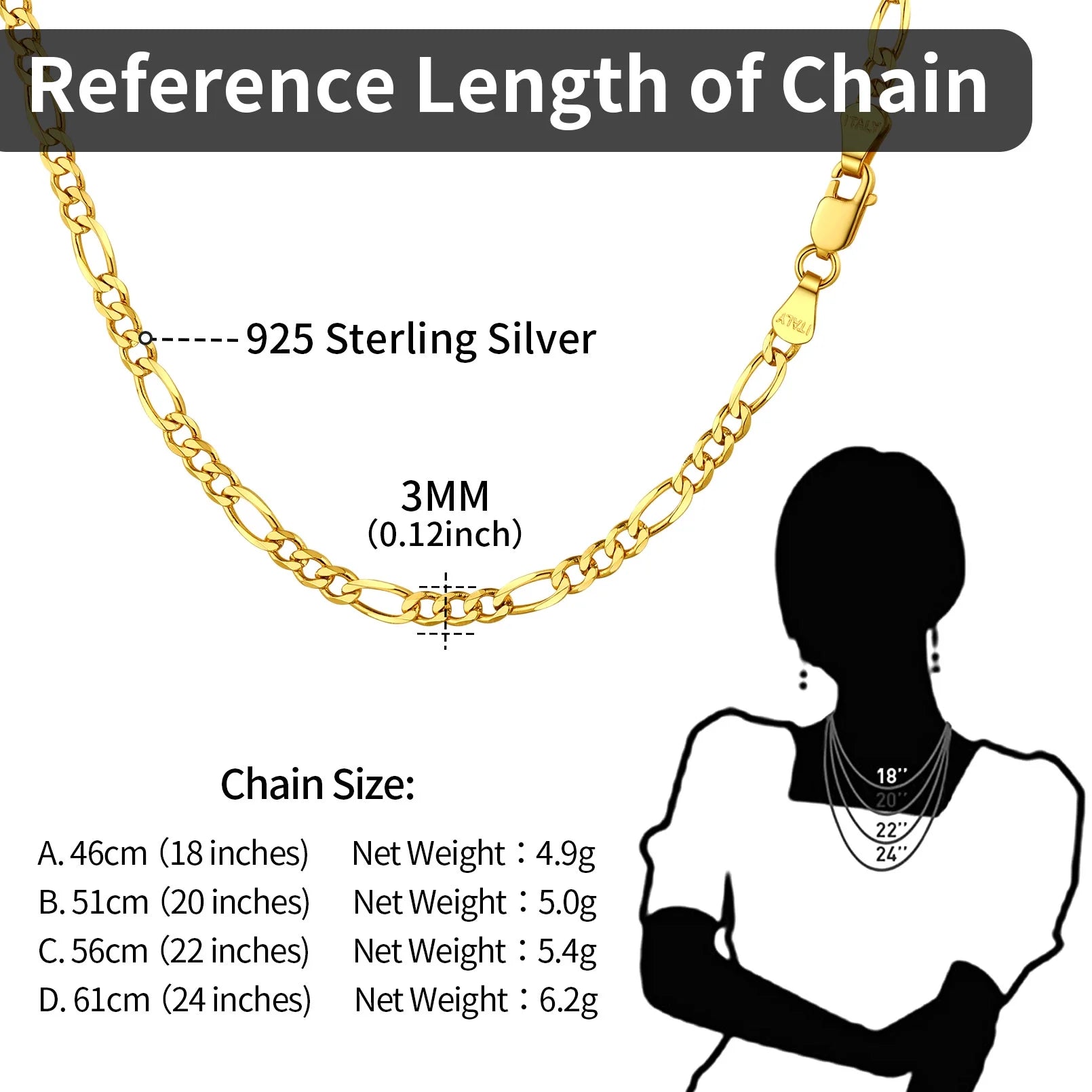 Mens Figaro Chain Necklace Link 14K Yellow Gold Italian Sterling Silver 20 Inch, 5MM