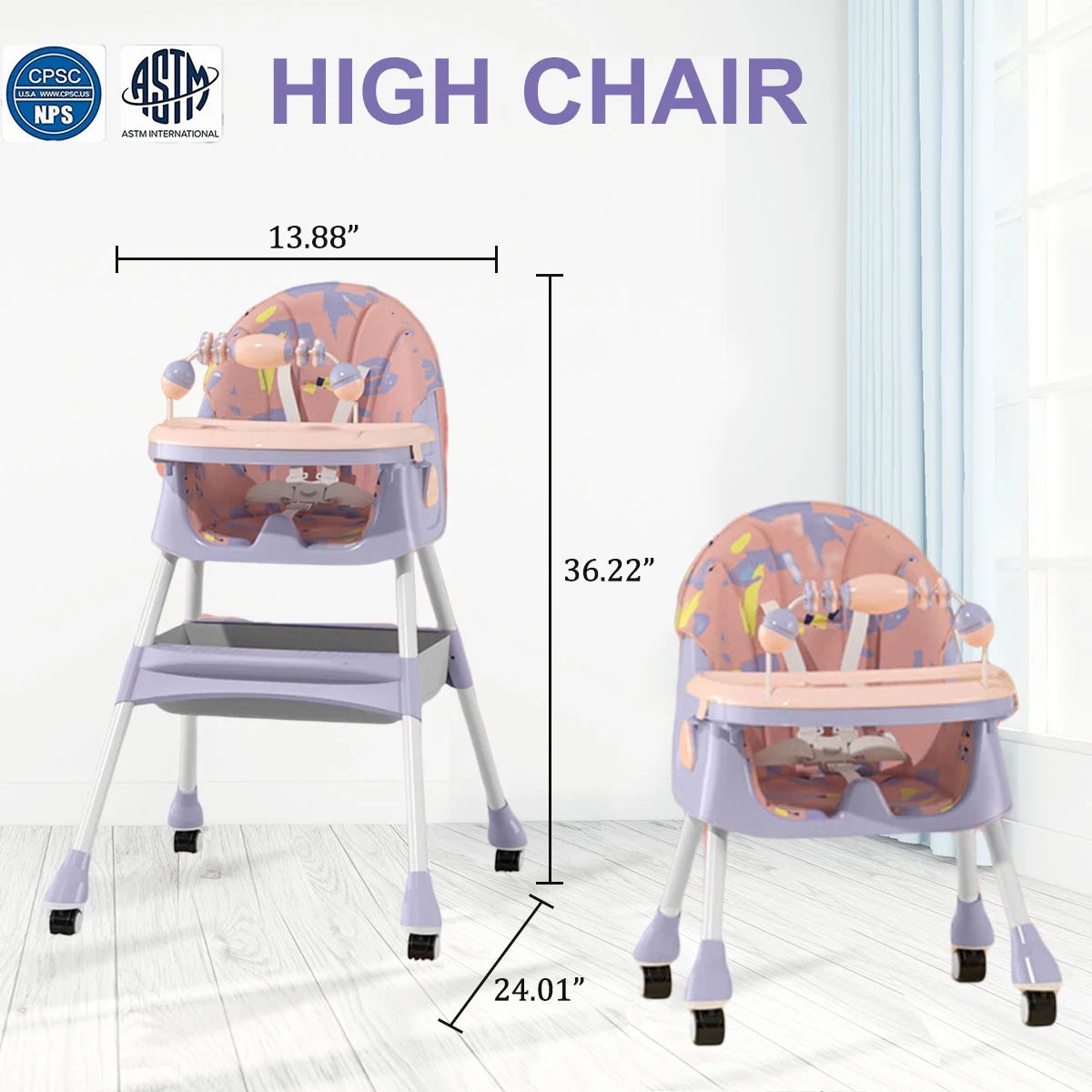 4-In-1 Baby High Chair Portable Toddler Baby Dining Chairs Eat & Play Convertible High Chair with Five-Point Snap Button, Dinner Plate and Toy Rack, Purple