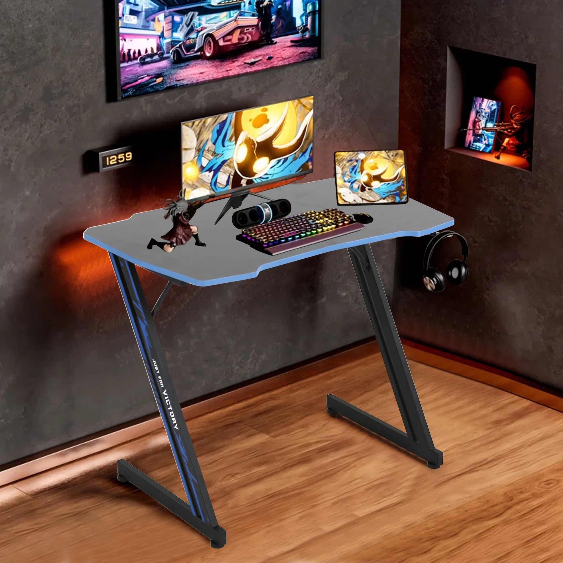 39" Z-Shaped Gaming Desk with Headphone Hook (Blue)