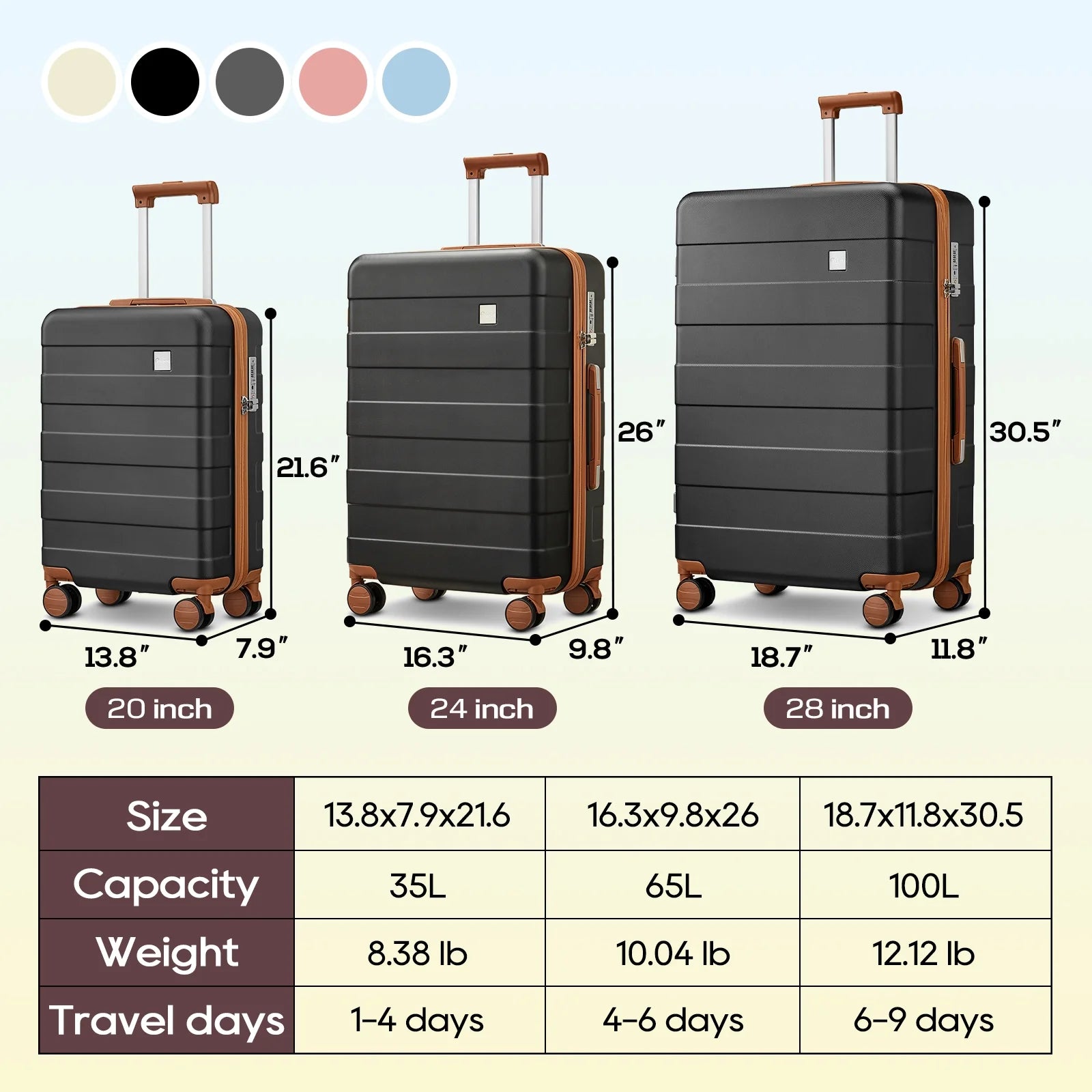 Carry on Luggage 20 in Carry-On Suitcase with Spinner Wheels Hardside 3PCS Set with TSA Lock-Black