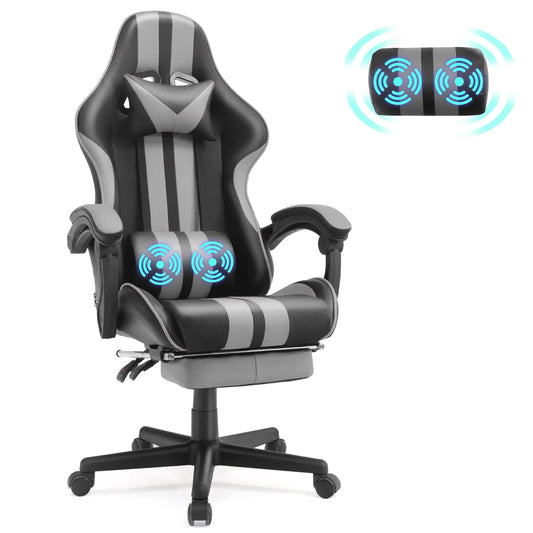 Leather Gaming Chair with Massage, Footrest & Lumbar Pillow