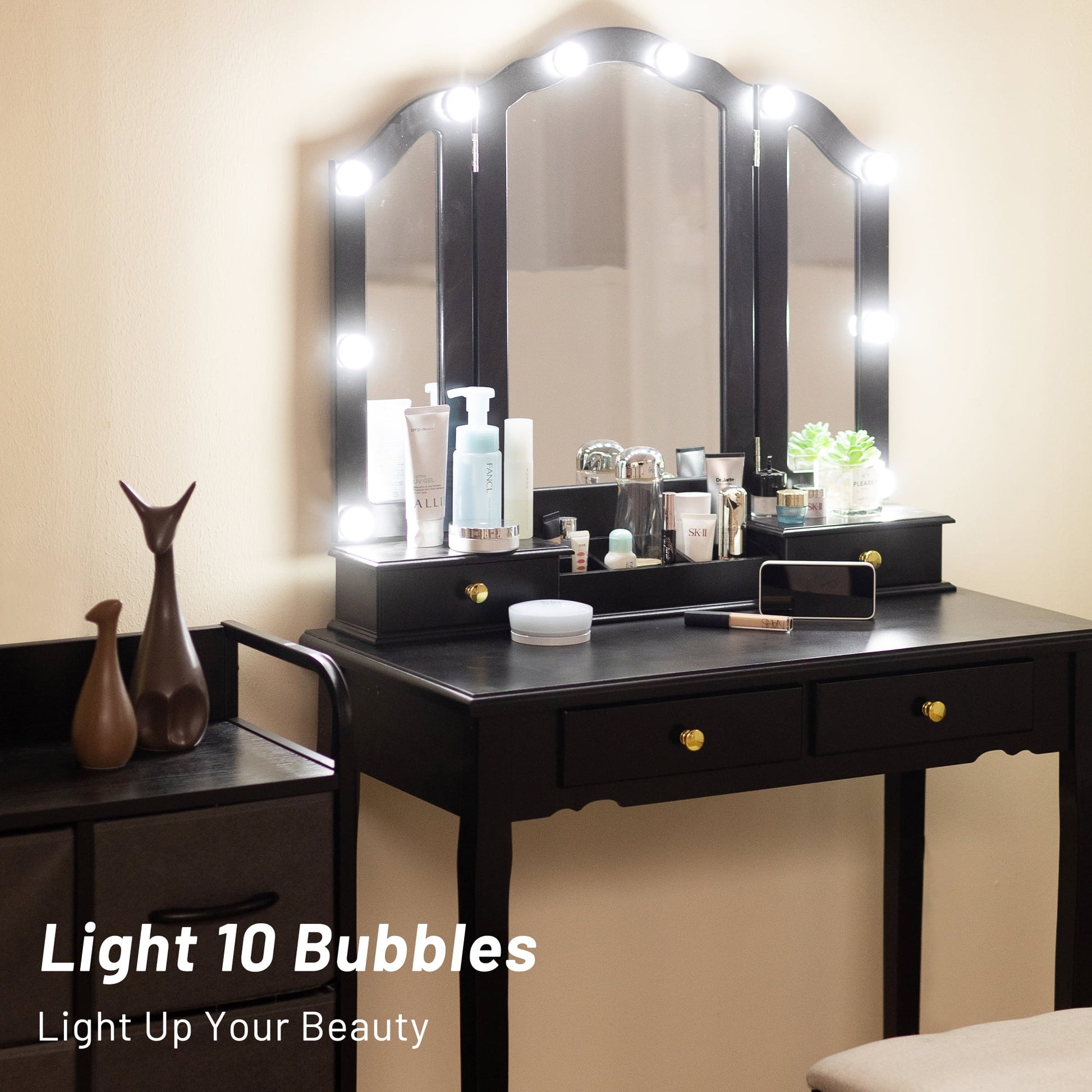 Tri-Fold Makeup Vanity with Lights, Mirror & Stool (Black)