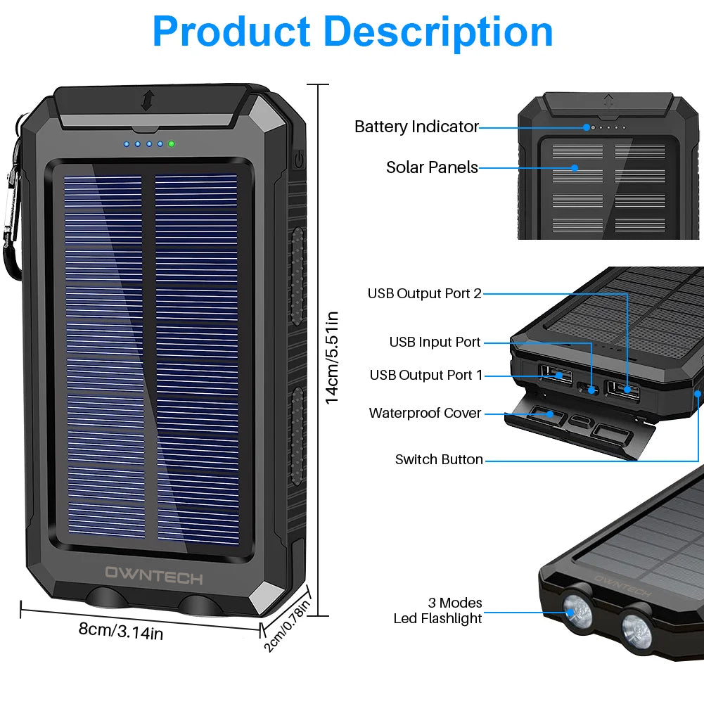 Portable Solar Power Bank, 20000mAh, for Phones & Android