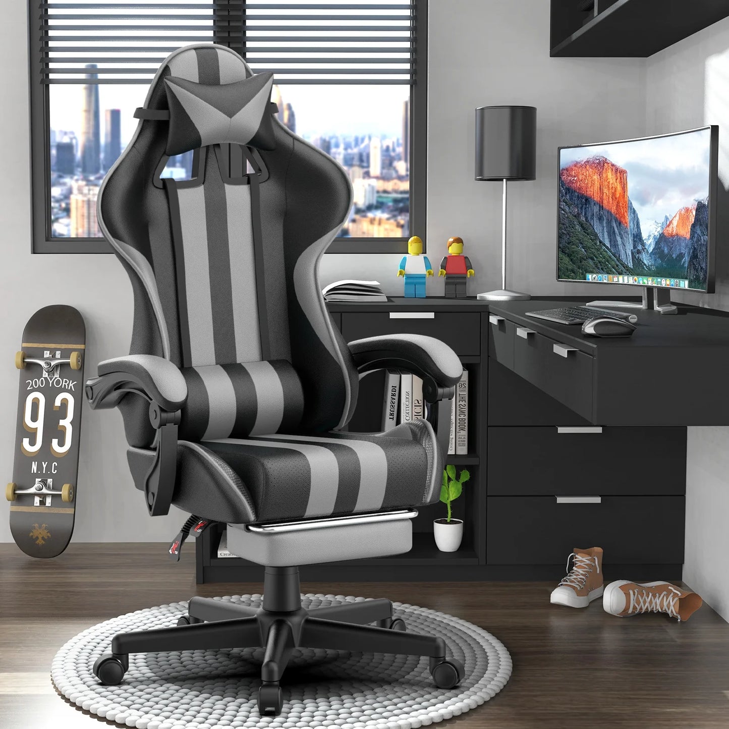 Leather Gaming Chair with Massage, Footrest & Lumbar Pillow