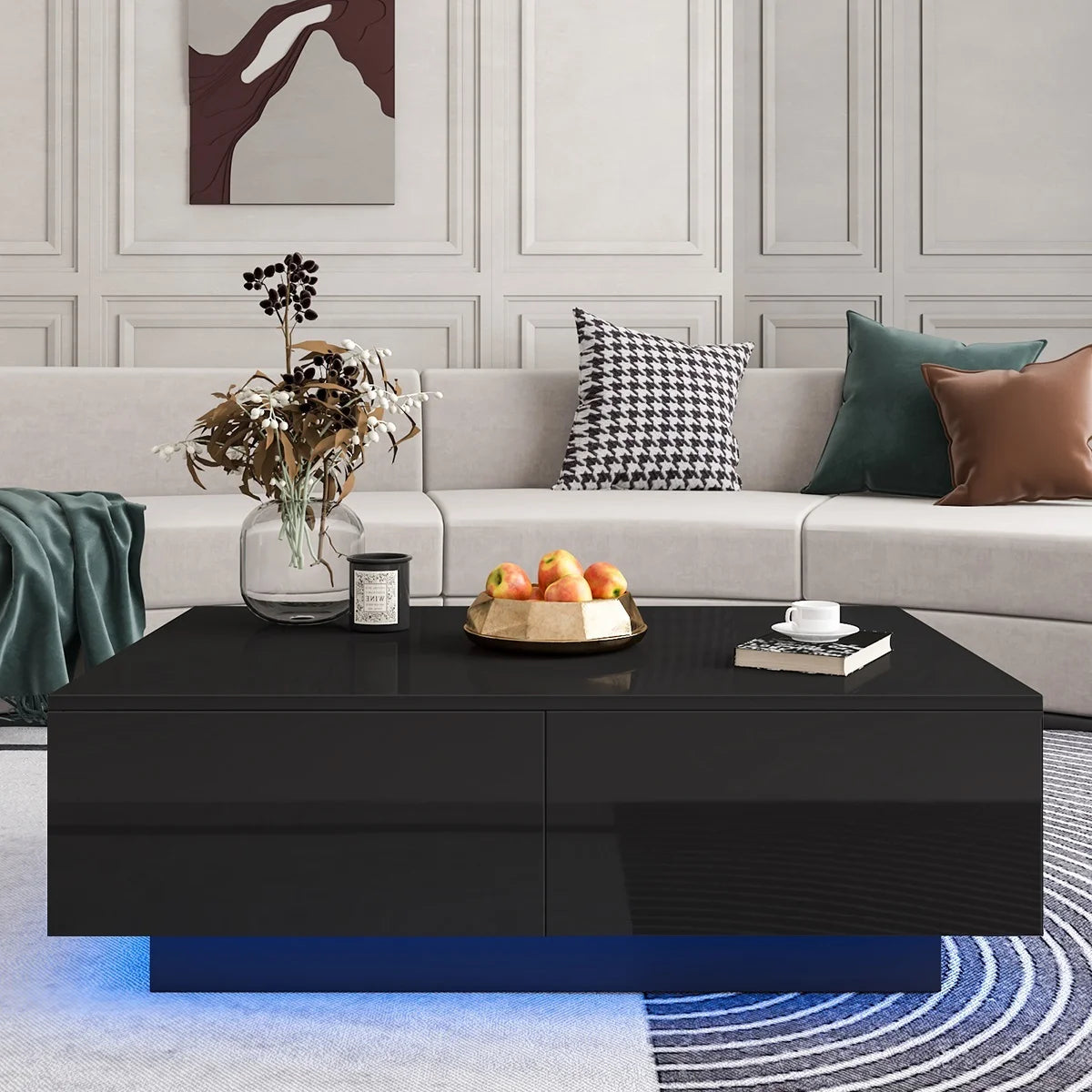 LED Coffee Table with 4 Drawers, High Gloss Black