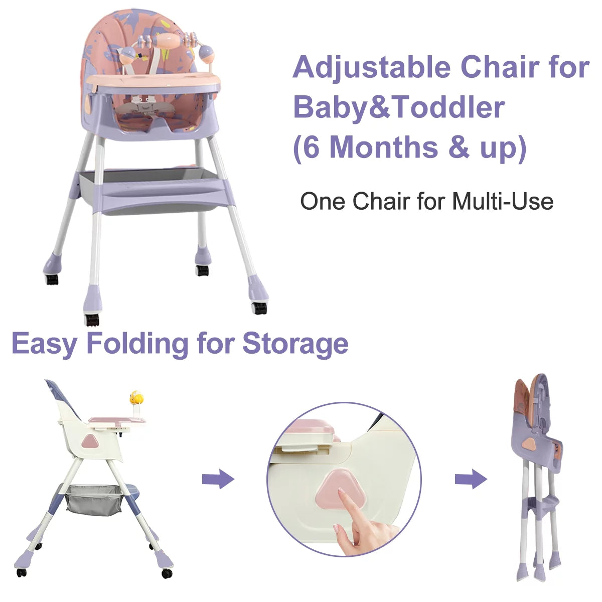 4-In-1 Baby High Chair Portable Toddler Baby Dining Chairs Eat & Play Convertible High Chair with Five-Point Snap Button, Dinner Plate and Toy Rack, Purple