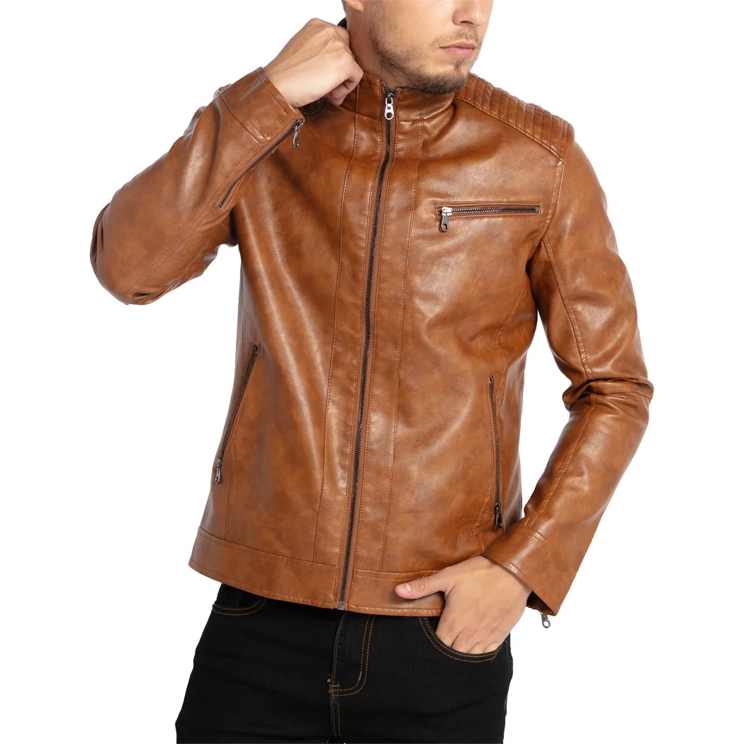 Men's Stand Collar Faux Leather Biker Jacket