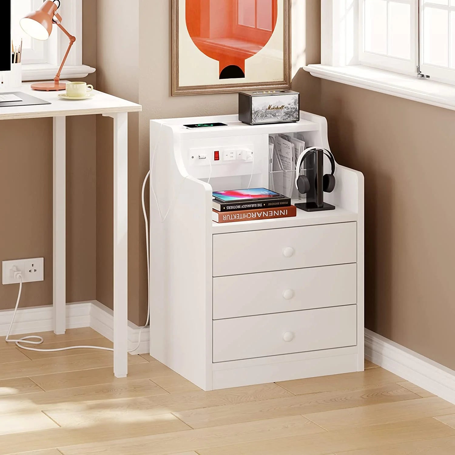 Nightstand with Charging Station and 3 Storage Drawers, White