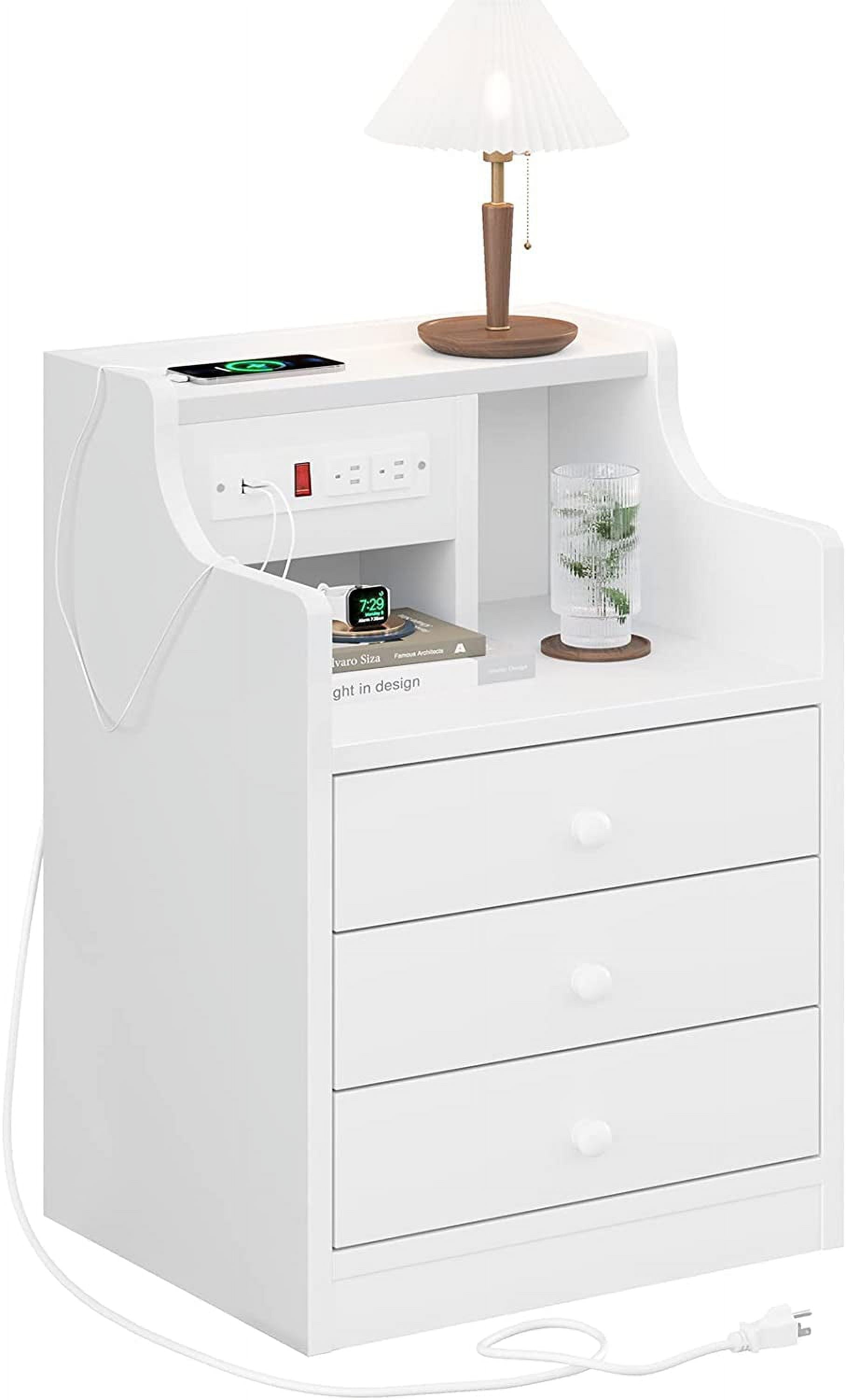 Nightstand with Charging Station and 3 Storage Drawers, White