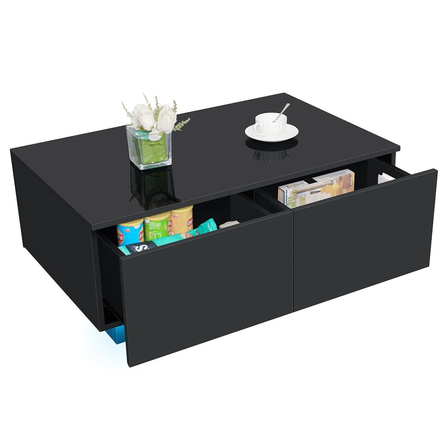 LED Coffee Table with 4 Drawers, High Gloss Black