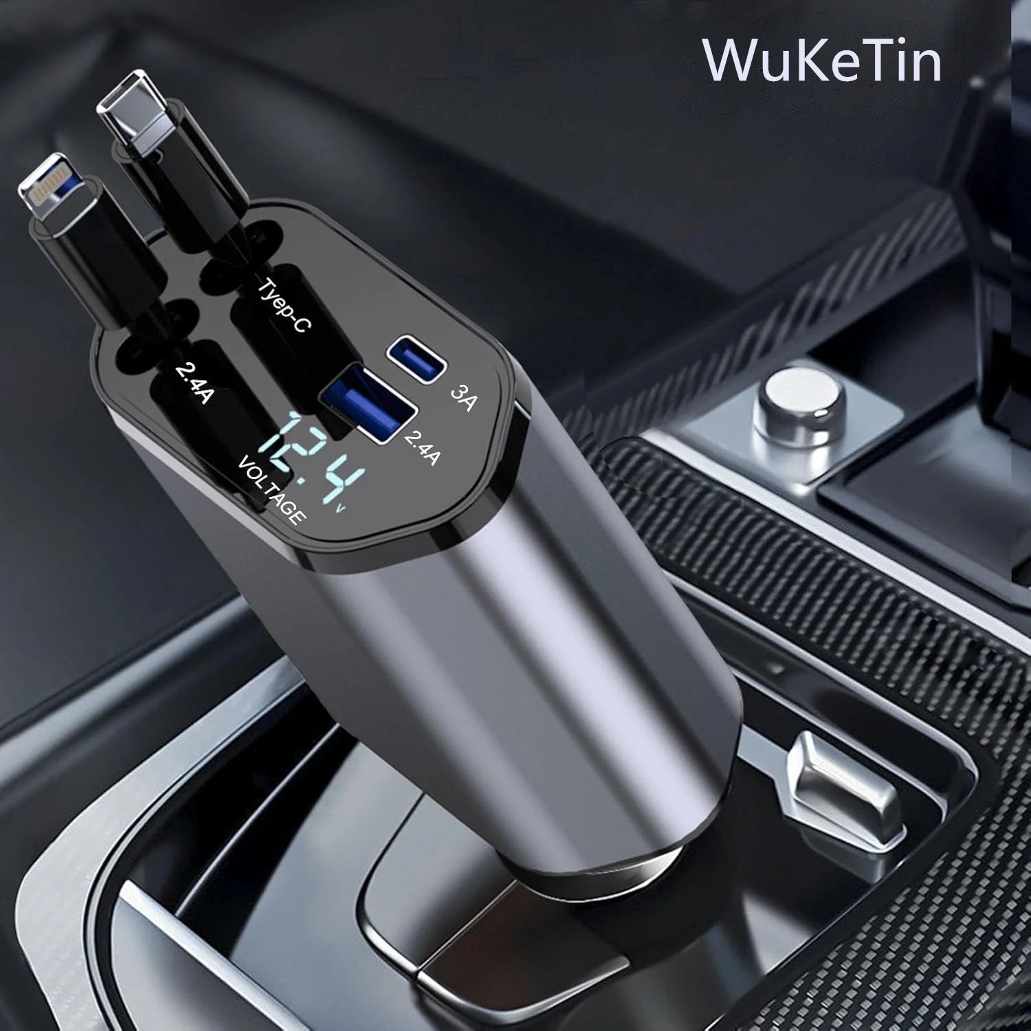 Fast Car Charger with Retractable Cables & Dual USB Ports